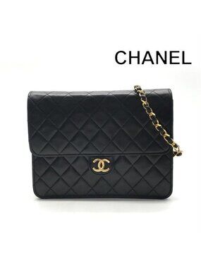 Chanel CC Logo Quilted Push Lock Lambskin Chain Shoulder Bag Black